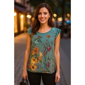 Twine String Womens Floral Flutter Sleeve Tie Back Blouse Size Medium